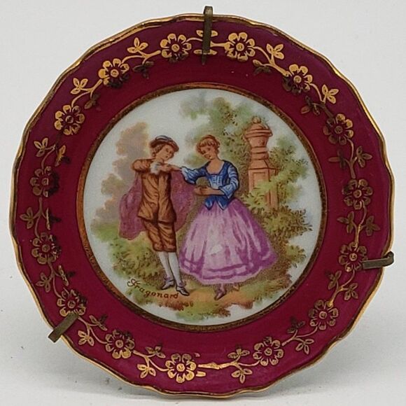 Limoges France Vintage Porcelain Cranberry Gold Gilt Dancing Couple Mini Plate - Picture 1 of 6